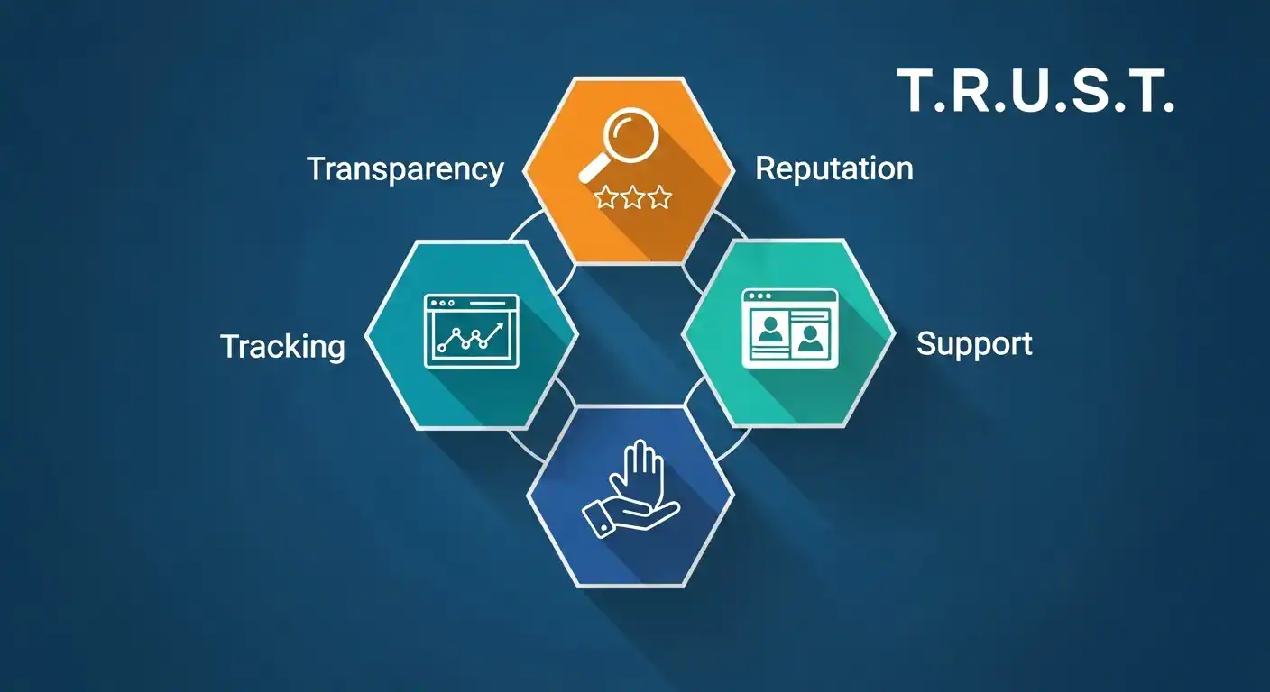 TRUST Model: Transparency, Reputation, Tracking, Support. Diagram visualizing the core principles.